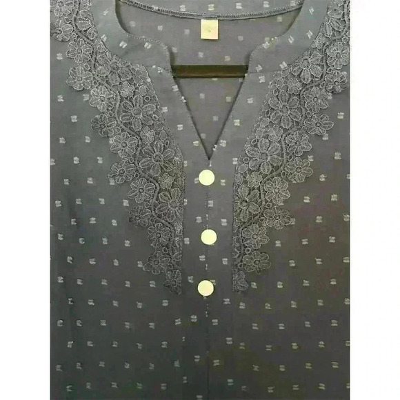 Women's V-Neck Textured Dot Blouse Lace Trim Puff Sleeve Blue S - Picture 3 of 13